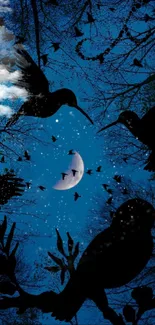 Moonlit forest with silhouetted birds and trees creating an enchanting scene.