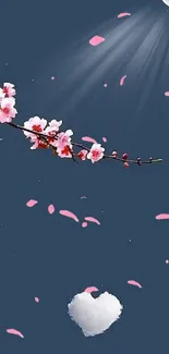 Cherry blossom branch under a moonlit sky with a heart-shaped cloud.