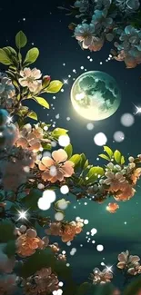 Moonlit night with blossoms and starry sky in tranquil mobile wallpaper.