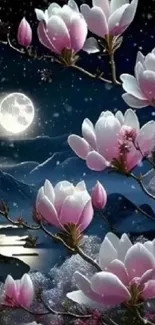 Magnolia blossoms under a full moon in a serene night setting.