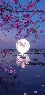 Moonlit lake with pink blossoms and a purple twilight sky.