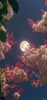 Full moon illuminating cherry blossoms against a dark night sky.