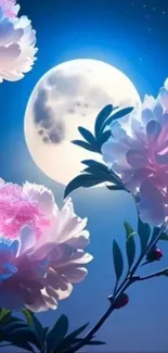 Moonlit night with blooming flowers in serene scenery.