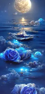 Moonlit sea with blue roses and sailing boats under a glowing moon.