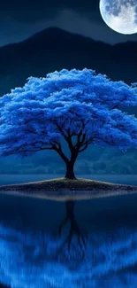 Blue tree on a small island with moonlit reflection over water.