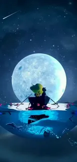 Boat under full moon, serene night scene.