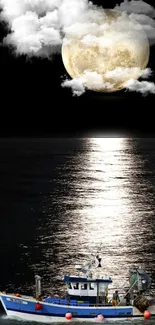 Fishing boat illuminated by moonlight on a calm ocean at night.