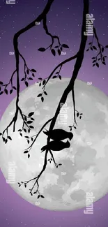 Silhouette of a branch over a full moon with a starry purple night sky.