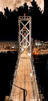 Moonlit bridge over a cityscape at night.