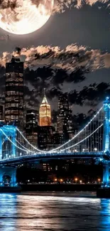 City skyline with blue bridge under a large moon.