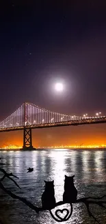 Moonlit bridge with night sky reflecting on water, perfect for mobile wallpaper.