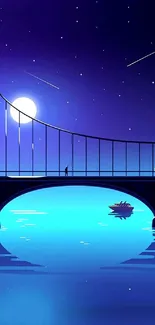 Moonlit bridge with stars and calm water nightscape wallpaper.