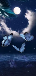 Blue butterflies under a moonlit sky with water reflection wallpaper.