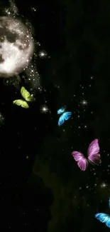 Magical moonlit scene with colorful butterflies and sparkling stars.