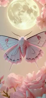 A butterfly in moonlight among pink blossoms on a serene night.