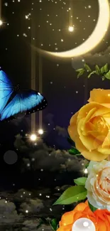 Blue butterfly and roses under moonlit sky on wallpaper.