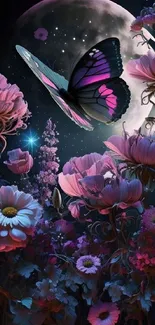 Enchanting butterfly and flowers under a moonlit sky.