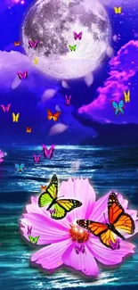 Moonlit scene with butterflies and flowers.