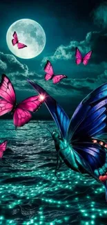 Moonlit ocean with vibrant butterflies in a fantasy art design.