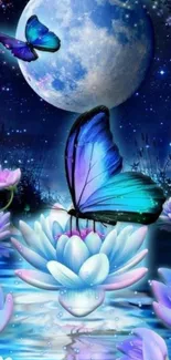 Butterfly and lotus under a glowing moon.