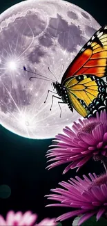 A colorful butterfly with flowers against a moonlit night sky.