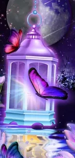 Purple butterfly and moonlit lantern wallpaper with flowers.