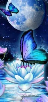 Vibrant butterfly on a lotus with a starry moonlit background.