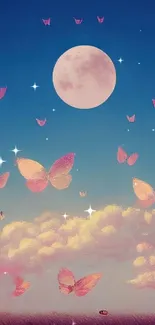 Full moon with pink butterflies in a night sky wallpaper.