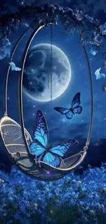 A moonlit scene with blue butterflies near a floral swing under a starry sky.