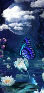 Moonlit butterfly with lotus flowers under a night sky.