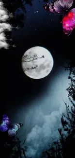 Moonlit night with vivid butterflies and glowing full moon.