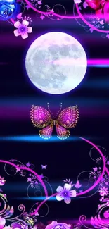 Moonlit butterfly with vibrant flowers in a dark backdrop.