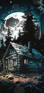 Log cabin under a full moon in a serene forest setting.