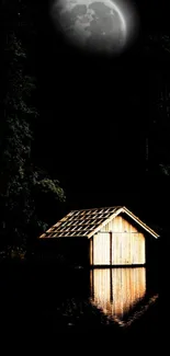 A quaint cabin by a moonlit lake in a serene night setting.