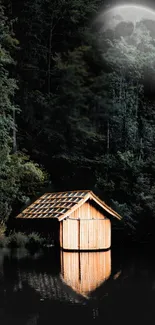 Moonlit cabin reflecting on tranquil waters, surrounded by a dark forest under soft moonlight.