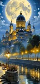 Fantasy scene of a moonlit castle by a river under a starry sky.
