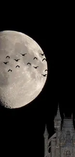 Crescent moon and gothic castle with flying bats on a dark background.