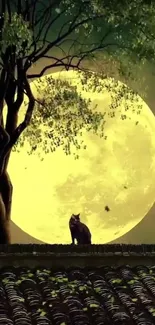 Silhouette of a cat under a tree with a moon in the background.