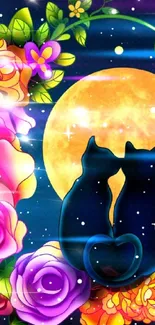 Cats sitting under a bright moon surrounded by colorful flowers.