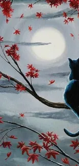 Black cat on a branch under moonlight with red leaves.