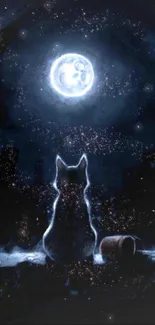 Silhouette of a cat under a bright full moon in a starry night landscape.