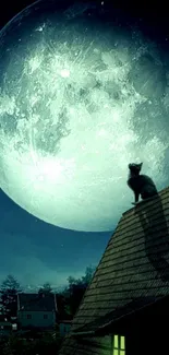 Cat sitting on a rooftop under a glowing full moon at night.