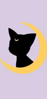 Black cat silhouette on crescent moon with lavender background.