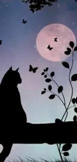 Cat silhouette with moon and butterflies in a lavender night sky.