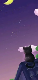 Cat on rooftop under a moonlit sky with purple hues.