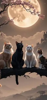 Four cats perch on a branch in moonlit scene.