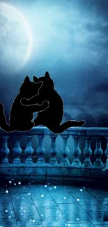 Silhouetted cats on a moonlit balcony with a starry night sky.