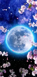 Moonlit night with cherry blossoms and a glowing full moon.