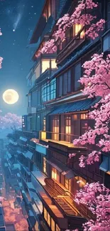 Moonlit cherry blossom night scene with elegant architecture.