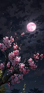 Cherry blossoms with moonlit sky creating a tranquil scene.